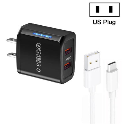 USB Charger for Everyday Device Charging at Home and Travel - black dual QC3.0 USB wall charger with US plug and charging cable