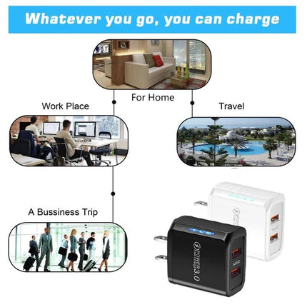 USB Charger for Everyday Device Charging at Home and Travel - dual QC3.0 dual-port wall charger for home, work, travel and business trips