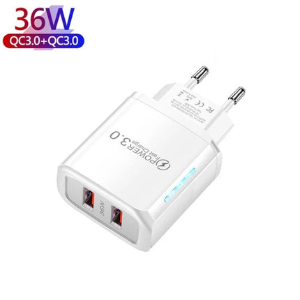 USB Charger for Everyday Device Powering at Home and Travel - white dual QC3.0 36W wall charger with two USB ports