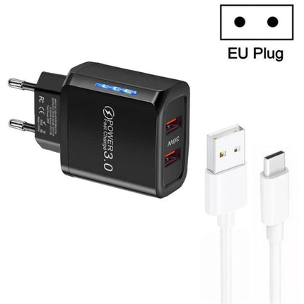 Black dual QC3.0 USB wall adapter with EU plug and cable for USB Charger for Everyday Device Powering at Home and Travel