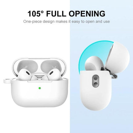 ENKAY Silicone Case Safeguards AirPods for Everyday Carry - white silicone case showing 105° full opening and easy charging access
