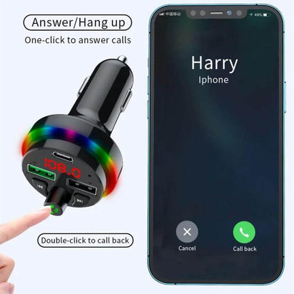 Car Bluetooth Music Player With Dual USB Charger For Hands Free Calls showing USB ports, LED display, call answer button and smartphone incoming call