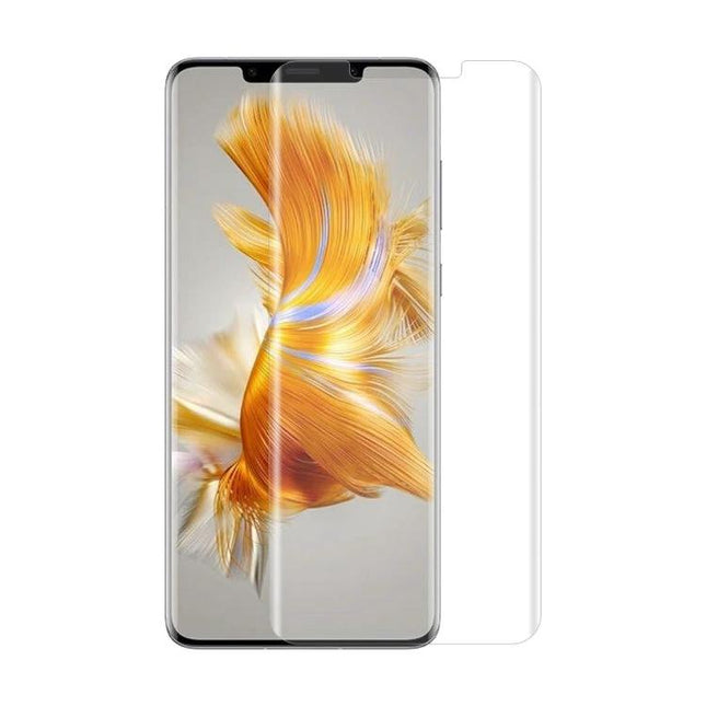 ENKAY Curved Full Coverage Screen Protector for Huawei Mate 50 Pro shown fitted on phone with edge-to-edge PET curved film