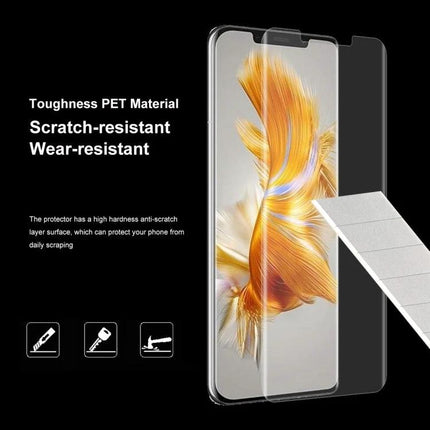 ENKAY Curved Full Coverage Screen Protector for Huawei Mate 50 Pro showing clear PET curved film on phone for full edge-to-edge scratch-resistant coverage