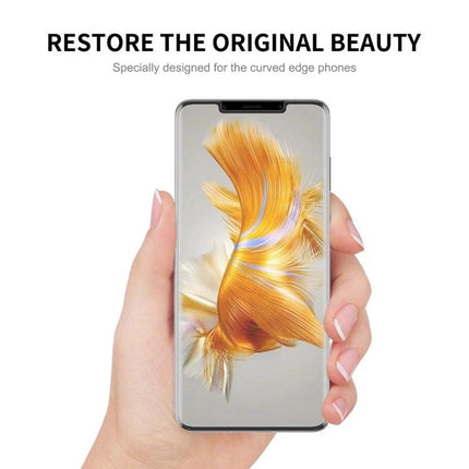 Alt Tag: ENKAY Curved Full Coverage Screen Protector for Huawei Mate 50 Pro shown on phone held in hand, edge-to-edge curved PET film preserving display clarity