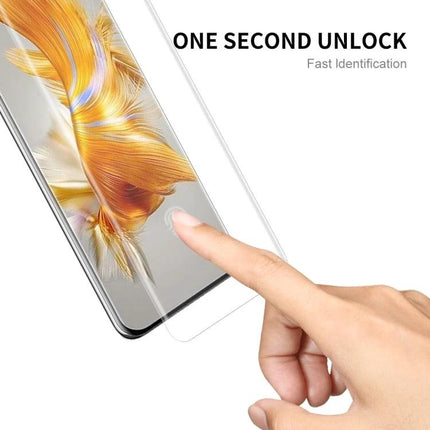 ENKAY Curved Full Coverage Screen Protector for Huawei Mate 50 Pro showing fingerprint unlocking and full edge-to-edge PET coverage