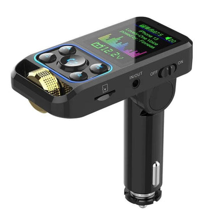 BC83 Adjustable Equalizer Wireless Car MP3 Player FM Transmitter plugged into car lighter, showing color display, control buttons and fast charging ports