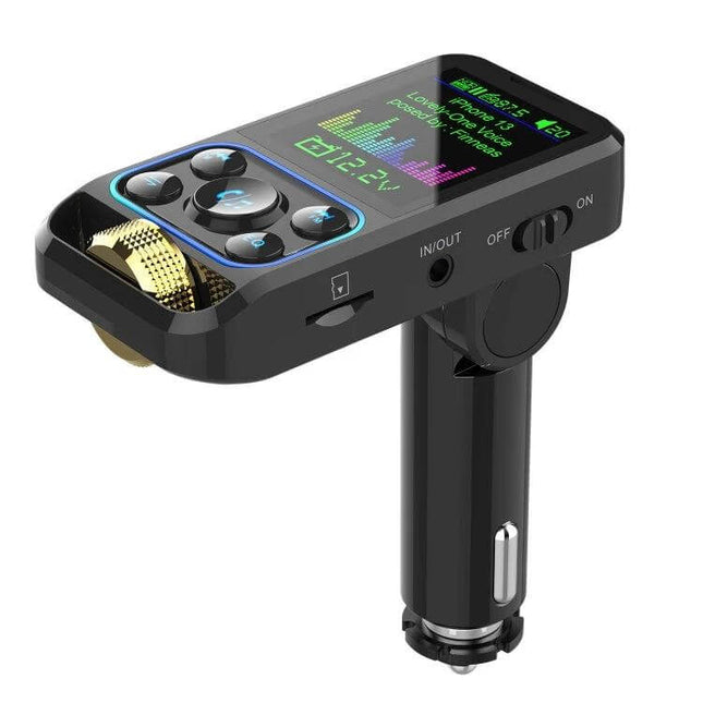 BC83 Adjustable Equalizer Wireless Car MP3 Player FM Transmitter plugged into car lighter, showing color display, control buttons and fast charging ports