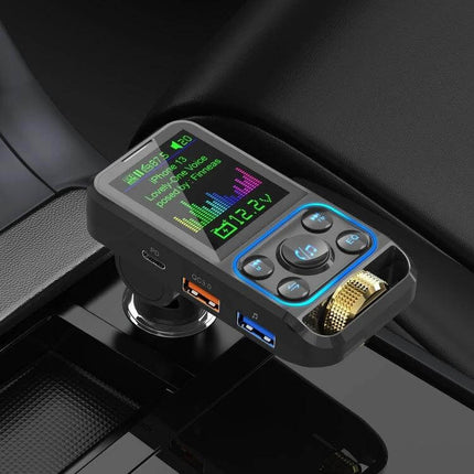 BC83 Adjustable Equalizer Wireless Car MP3 Player FM Transmitter showing colorful display, control buttons, USB fast charging ports and gold tuning knob
