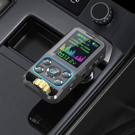 BC83 Adjustable Equalizer Wireless Car MP3 Player FM Transmitter plugged into car cigarette socket showing colorful LCD equalizer display and control buttons