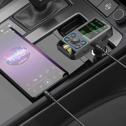 BC83 Adjustable Equalizer Wireless Car MP3 Player FM Transmitter plugged into car cigarette socket showing display, EQ dial, USB charging and phone connection