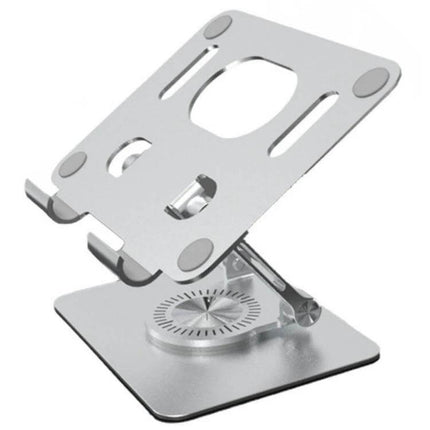 Ergonomic Adjustable Height Laptop Stand with 360 Rotation silver metal stand on desk showing adjustable hinge and 360-degree swivel for ergonomic viewing
