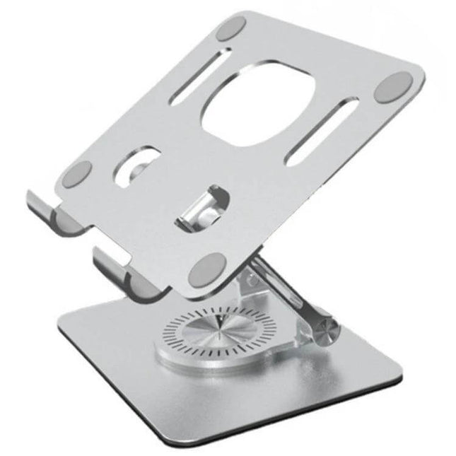 Ergonomic Adjustable Height Laptop Stand with 360 Rotation silver metal stand on desk showing adjustable hinge and 360-degree swivel for ergonomic viewing