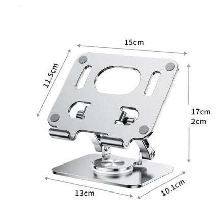 Ergonomic Adjustable Height Laptop Stand with 360 Rotation - silver foldable metal stand showing dimensions and 360° hinge for ergonomic viewing