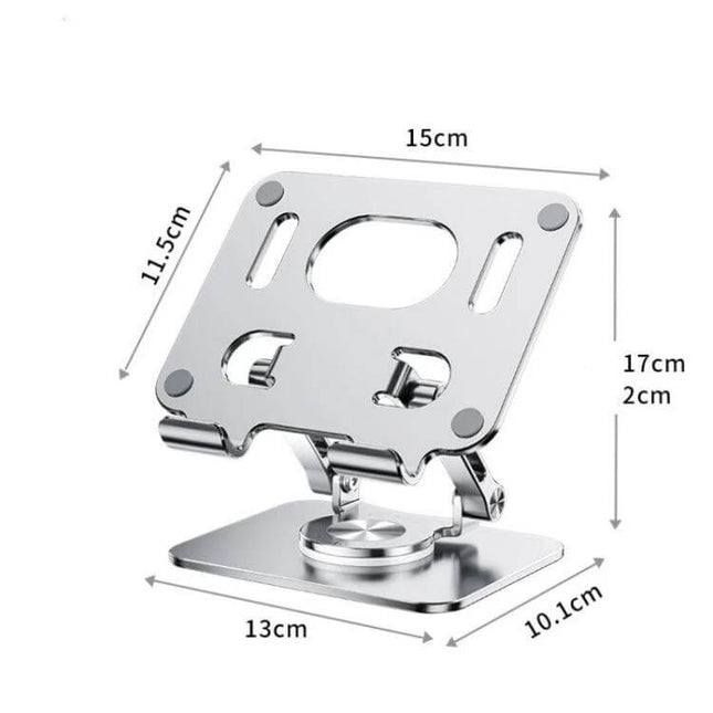 Ergonomic Adjustable Height Laptop Stand with 360 Rotation - silver foldable metal stand showing dimensions and 360° hinge for ergonomic viewing