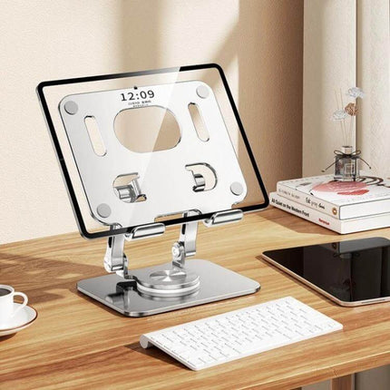 Ergonomic Adjustable Height Laptop Stand with 360 Rotation on wooden desk holding tablet, promotes ergonomic eye-level viewing
