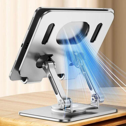 Ergonomic Adjustable Height Laptop Stand with 360 Rotation on desk showing angled tablet, adjustable joints and airflow slots for ergonomic posture