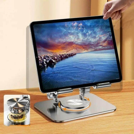 Ergonomic Adjustable Height Laptop Stand with 360 Rotation holding tablet at eye level, flexible base for smooth multi-angle viewing