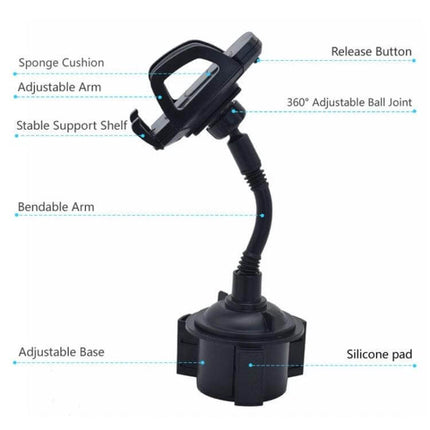 Adjustable Car Cup Holder Mount With 360 Degree Rotation showing sponge cushion, adjustable arm, bendable arm, adjustable base and 360° ball joint
