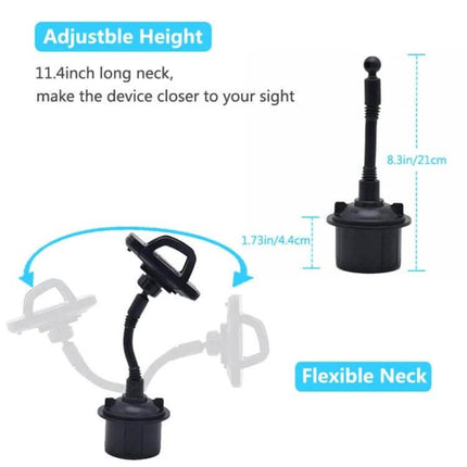 Adjustable Car Cup Holder Mount With 360 Degree Rotation showing flexible neck, adjustable height and cup-holder base for secure phone mounting