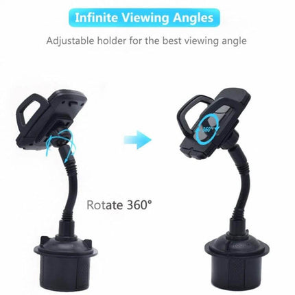 Adjustable Car Cup Holder Mount With 360 Degree Rotation showing dual-view angles, flexible gooseneck and secure base for hands-free navigation