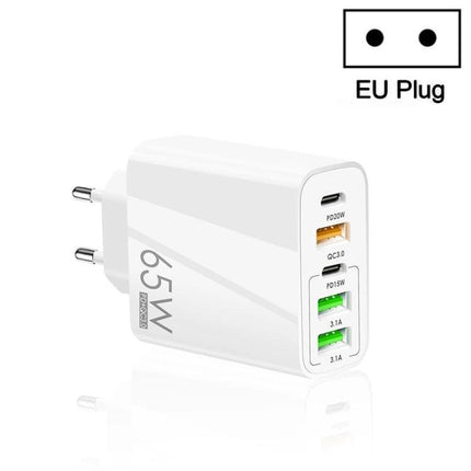 Multi-Port Charger for Daily Device Use at Home — white 65W EU plug charger with five ports (USB-C and USB-A) for charging phone, tablet, and gadgets simultaneously