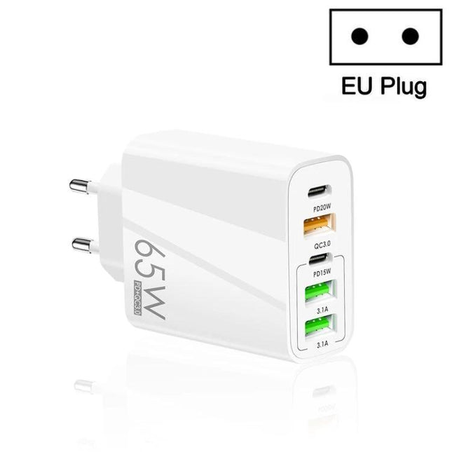 Multi-Port Charger for Daily Device Use at Home — white 65W EU plug charger with five ports (USB-C and USB-A) for charging phone, tablet, and gadgets simultaneously