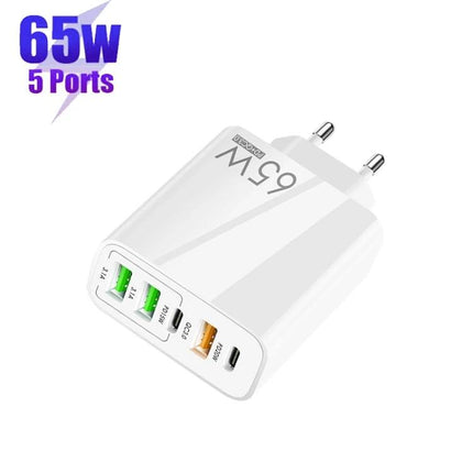 Multi-Port Charger for Daily Device Use at Home — white 65W 5-port wall charger with USB-C and USB-A ports for phones, tablets, and multiple devices