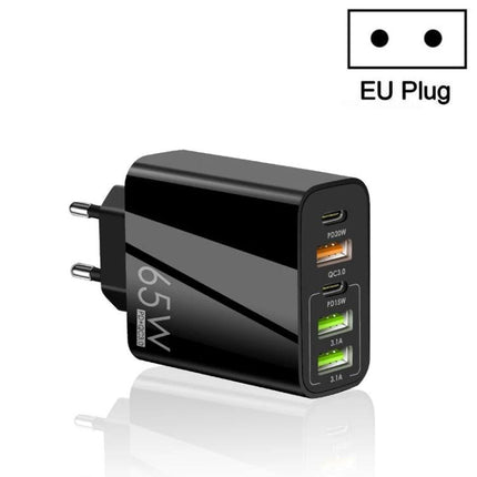 Multi-Port Charger for Daily Device Use at Home — 65W black EU plug wall charger with five ports (USB-C PD, QC3.0, 3.1A) for phones and tablets
