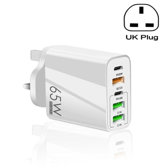 Multi-Port Charger for Everyday Device Charging Needs - 65W UK plug 5-port USB charger with PD, QC fast charging for phones and tablets