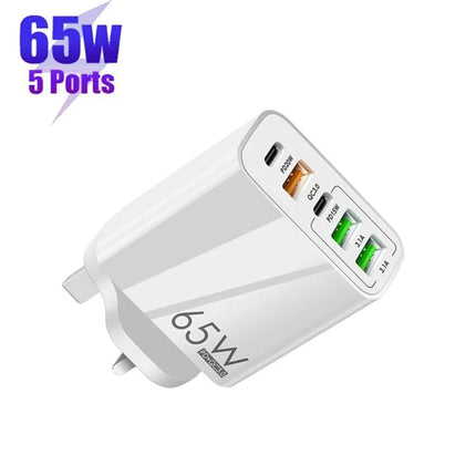 Multi-Port Charger for Everyday Device Charging Needs - 65W 5-port USB wall charger shown powering phone tablet and accessories