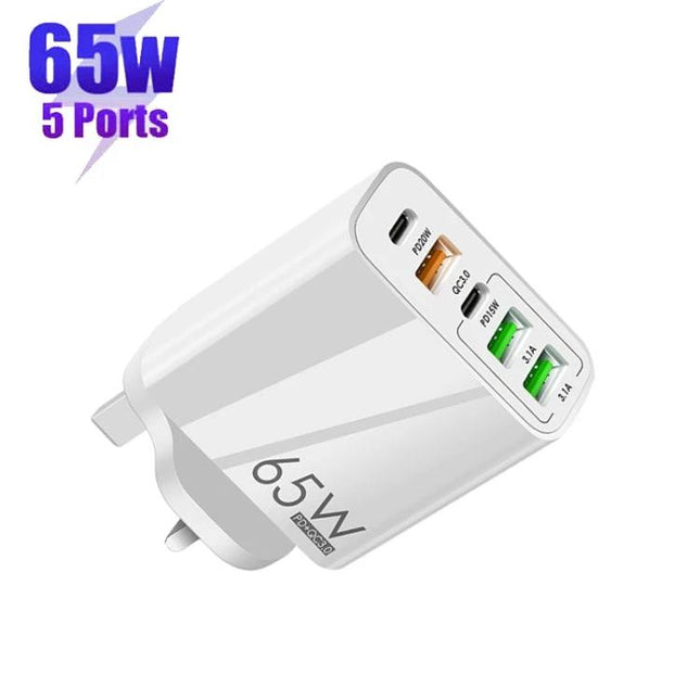 Multi-Port Charger for Everyday Device Charging Needs - 65W 5-port USB wall charger shown powering phone tablet and accessories
