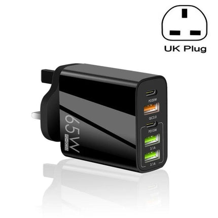 Multi-Port Charger for Everyday Device Charging Needs - 5-port UK plug charger with USB-C PD and QC3.0 ports for phones and tablets, 65W compact design