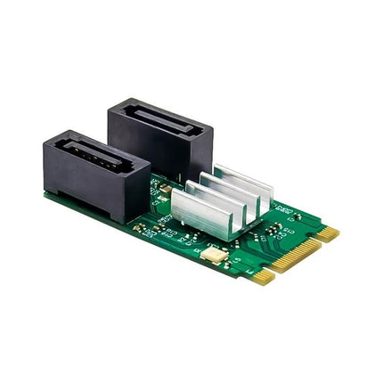 PCIe M.2 to Dual SATA Adapter for Computer Upgrades - green PCB adapter with two SATA ports and M.2 PCIe edge connector
