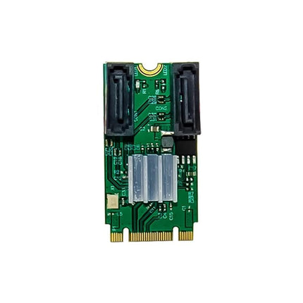 PCIe M.2 to Dual SATA Adapter for Computer Upgrades showing green M.2 card with two SATA ports and gold PCIe connector