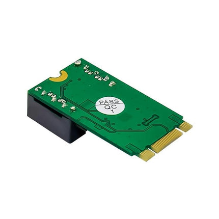 PCIe M.2 to Dual SATA Adapter for Computer Upgrades green PCB M.2 to dual SATA adapter card shown at angle with gold edge connector
