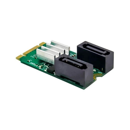 PCIe M.2 to Dual SATA Adapter for Computer Upgrades showing dual SATA ports and gold PCIe connector for desktop storage expansion