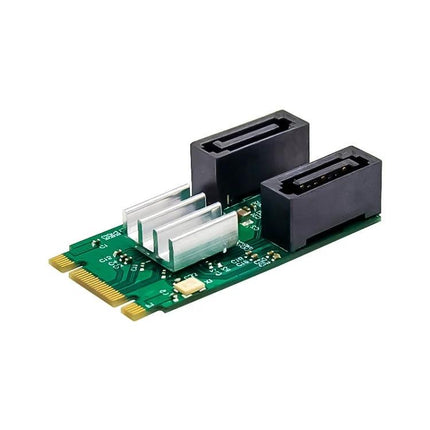 PCIe M.2 to Dual SATA Adapter for Computer Upgrades - green PCB adapter with dual SATA ports and heatsink for connecting SATA drives to M.2 slot