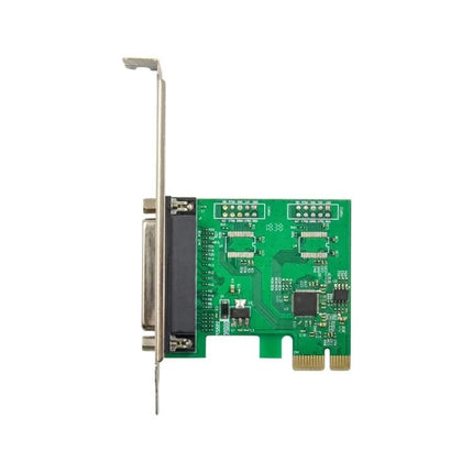 PCI Express Parallel Port Expansion Card for Computer Connections installed in PCIe slot showing DB25 port and green PCB for legacy printer/scanner compatibility