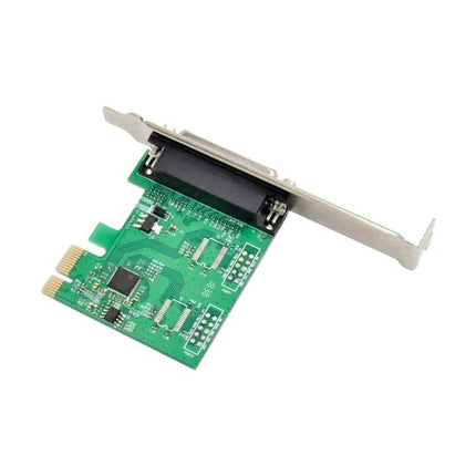 PCI Express Parallel Port Expansion Card for Computer Connections installed in PCIe slot, green PCB with IEEE 1284 DB25 connector for legacy printers