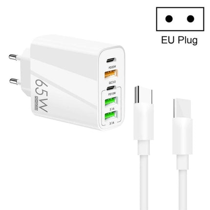Convenient Multi-Port Charger for Daily Device Needs at Home – 65W EU plug with USB-C and USB-A ports powering phone, tablet, earbuds