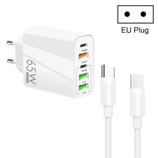 Convenient Multi-Port Charger for Daily Device Needs at Home – 65W EU plug with USB-C and USB-A ports powering phone, tablet, earbuds