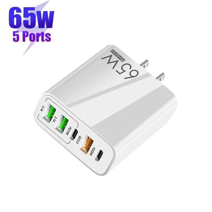 Versatile Multi-Port Charger for Everyday Home and Travel Use white 65W 5-port wall charger with USB-A and USB-C ports