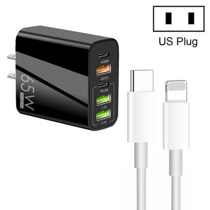 Versatile Multi-Port Charger for Everyday Home and Travel Use - 65W US plug wall charger with five USB ports and included USB-C to Lightning cable