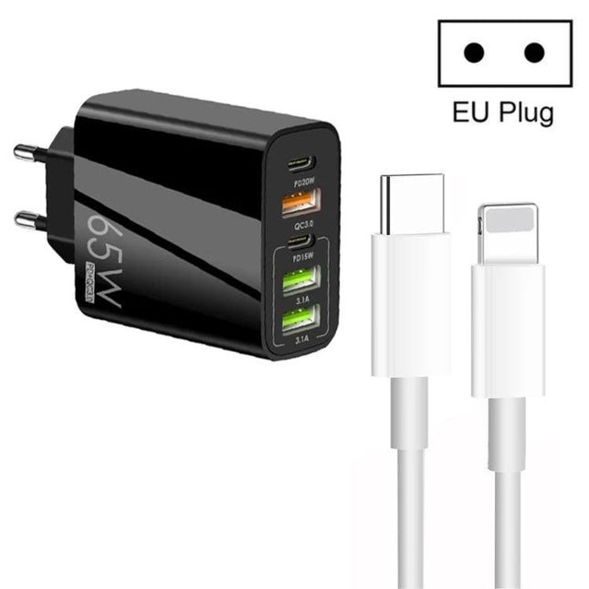 MultiPort Charger for Daily Device Powering at Home - 65W EU plug wall charger with multiple USB-C and USB-A ports for phones, tablets and accessories