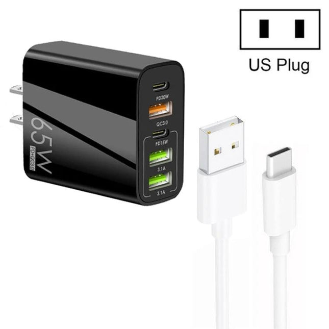 Reliable Charger for Daily Device Power Needs at Home - 65W multi-port USB-C and USB-A wall charger with US plug and charging cables