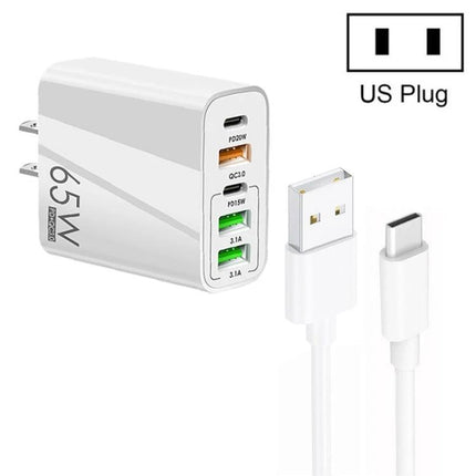 Reliable Charger for Daily Device Power Needs at Home - white 65W multi-port USB-C and USB-A wall charger with cable for charging phone tablet and accessories