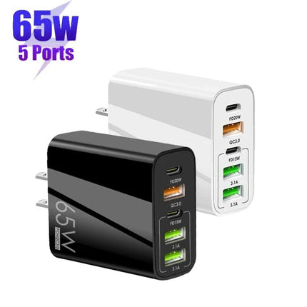 Reliable Charger for Daily Device Power Needs at Home - 65W 5-port multi-device wall charger in black and white, USB-C and USB-A ports