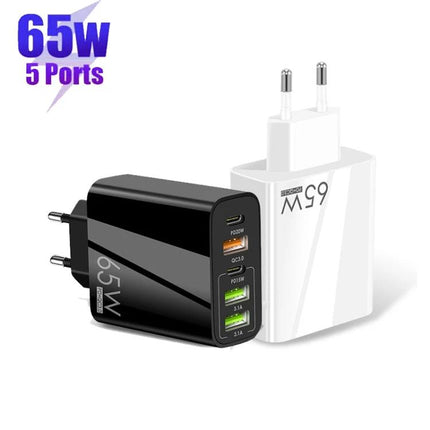 Versatile Charger for Daily Device Powering on the Go - 65W 5-port USB wall charger in black and white for phones, tablets, and accessories