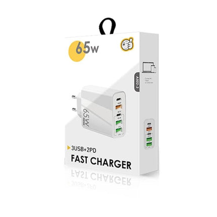 Versatile Charger for Daily Device Powering on the Go — white 65W multi-port fast charger with 3 USB and 2 PD ports in retail box